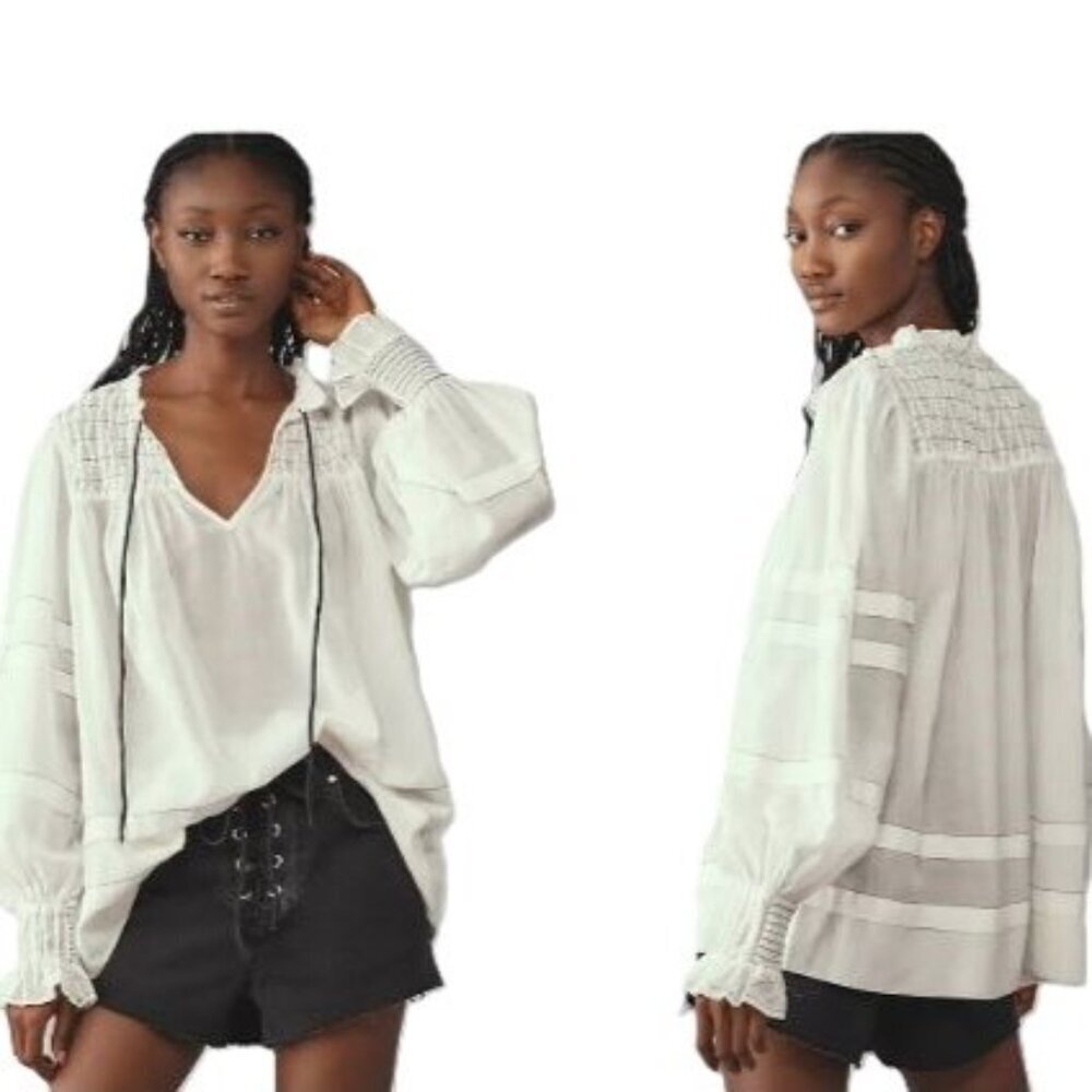 Anthropologie Long-Sleeve Airy frilly Babydoll Peasant Pirate Tunic Blouse top - Picture 2 of 16